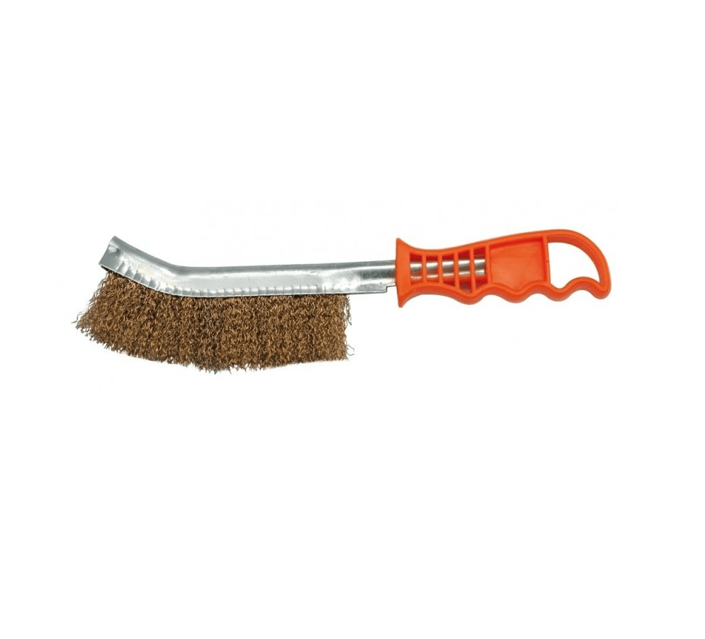 Visar stålborste med orange handtag.